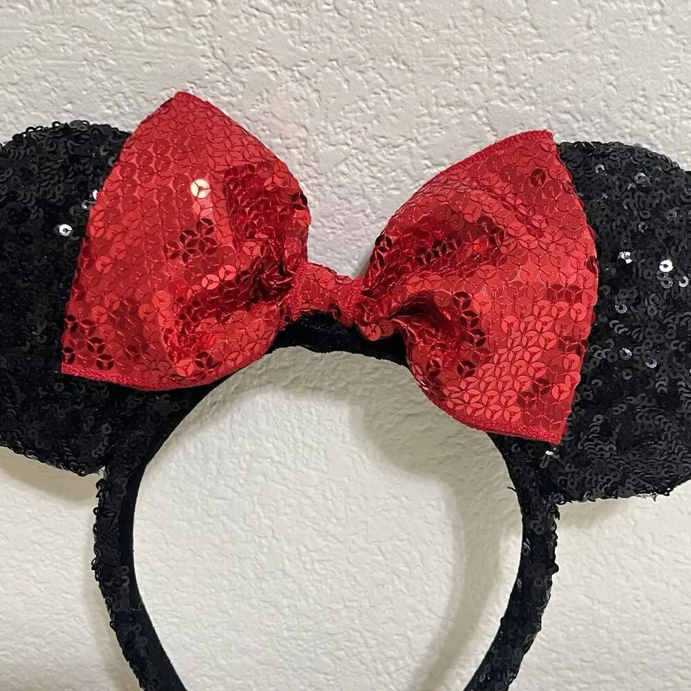 Disney Parks Minnie Mouse Black Sequin Red Bow Sequin Ears Headband